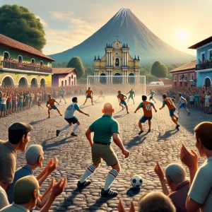 antigua, guatamala have people playing a soccer game on the cobb...