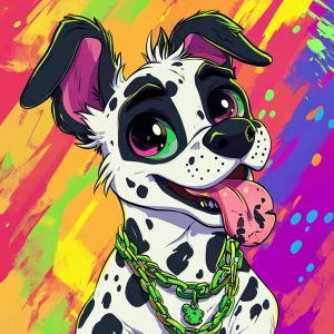 A cartoon-style anthropomorphic dog character with a white coat...