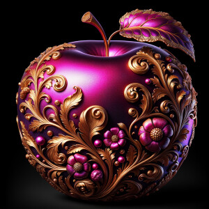 Envision a lustrous, oversized apple with a surface that gleams in a radiant shade of purple, as if lacquered to a high shine, reflecting light from its smooth, curvaceous form. The apple is adorned with elegant gold leaf patterns that swirl luxuriously around its contour, bringing a baroque opulence to its appearance. The stem, a bronzed sculpture in itself, supports a single leaf that seems to glow with an inner luminescence. At the apple’s base, a collection of flowers blooms, their petals softening the scene with organic shapes and colors that harmonize with the vibrant purple and gold. Incorporated into the metallic filigree in an artful script is the name "Karen," as if the apple were personally inscribed, enhancing the custom and bespoke quality of the piece.