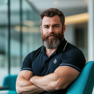 The image shows a bearded brown, gray haired muscular man with a...