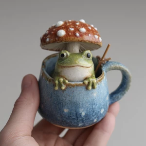 Frog mug with mushroom lid, cute animal/fungi combo, often hand-...