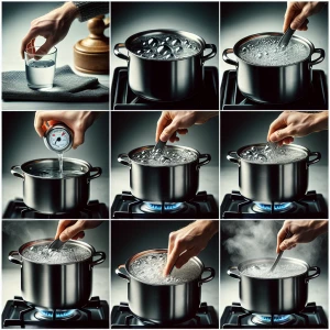 Show the 10 step instructions of how to boil water