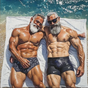 Two bodybuilders lying on the beach towel wearing Nike swimsuits...