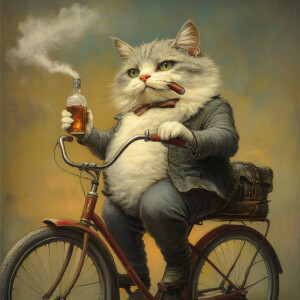 Russian cat riding a bike with a cigar drinking vodka