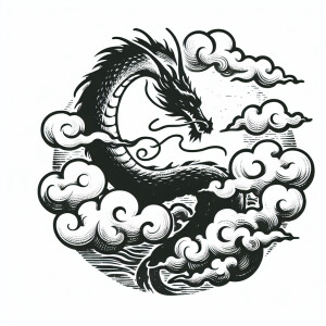 A dragon surrounded by mist and clouds