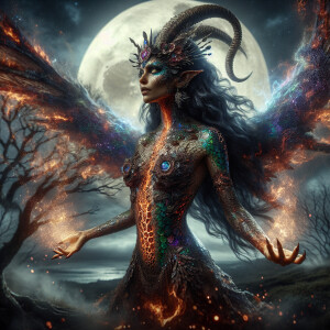 "Visualize an enchanting scene set in an ancient, moonlit grove...