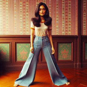 A woman from the 1970s wearing a t-shirt super long flare jeans...
