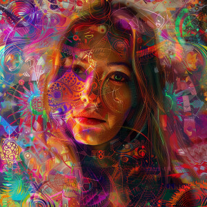 A straight-on digital art portrait of a woman, with her features...