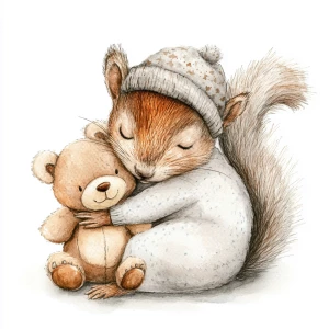 Squirrel curled up sleeping with a tiny teddybear and wearing a...