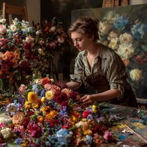 A photorealistic image of a young woman in a master class on flo...