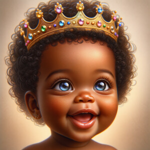 "Create a digital portrait of an adorable african-American baby girl with a joyful expression. She is wearing a gold crown with colorful jewels. Her big, bright blue eyes are wide with wonder, and her tiny mouth is shaped in a happy grin. Her skin has a warm, honey-brown tone, and she has an abundance of thick curly black hair, The background is soft and neutral to keep the focus on her delightful features. The portrait should be vibrant and heartwarming, celebrating the innocence and charm of childhood."