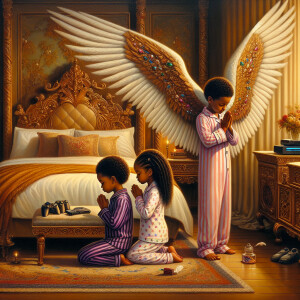 An oil painting of two African-American children with dark skin,...