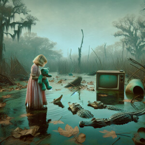a young child in close proximity to three alligators in a Louisi...