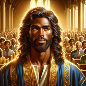 Illustrate an inspiring African-American Jesus crust with a dign...