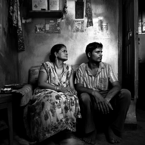 A rugged, muscular Indian man with a history of crime, sweating...