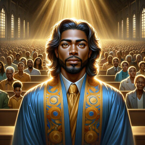 Illustrate an inspiring African-American Jesus crust with a dign...