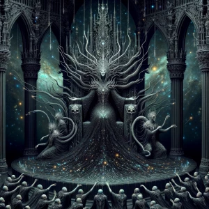 "Inside a colossal temple carved from black stone and bone, the...