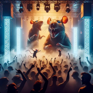 rat rave. anthropomorphic rats at a rave in a grungy nightclub,...