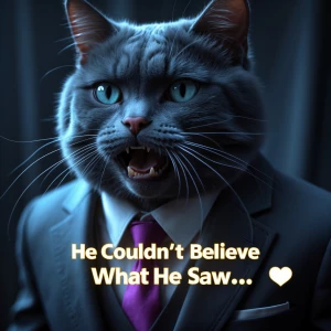 A photo-realistic, cinematic close-up of a rich grey cat with sl...