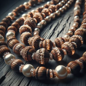 Rustic wooden necklace with tiny pearls