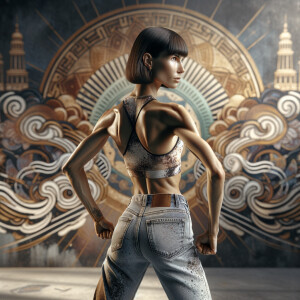 Athletic Thin skinny Attractive, Asian teenage girl, long brown hair and bangs, wearing tight skinny jeans and a halter top paint marks on her clothing, heroic pose Asian graffiti background, backside view