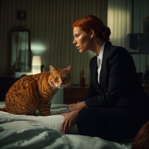 Photorealistic image. A long ginger haired, fair skinned female....