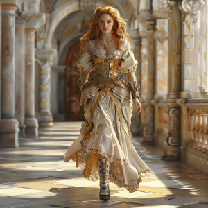 Create a photorealistic image of a light ginger-haired model wal...