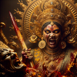 portrait of angry looking goddess durga pinning mahishasur to the ground. She is wearing gold armor, a huge gold crown, gold saree, abundant  gold jewelry, covered in blood. The scene is set in ancient India. The image is 8K resolution, photography, cinematic, ultra detailed face and epic