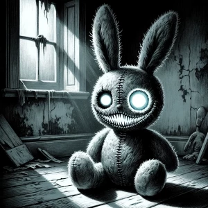 “Disturbing stuffed toy rabbit with one glowing eye, stitched sm...
