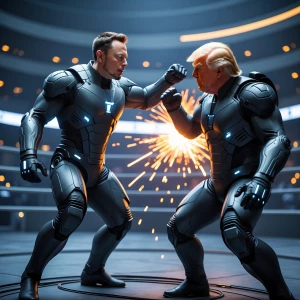 Create an image of an epic battle between Elon Musk and Donald T...