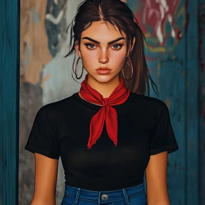 girl with brown hair, thick eyebrows, pumped up lips, potato nos...