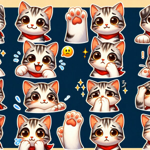 Create a sticker pack for me featuring a cute gray-and-white kit...