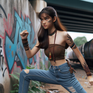 teenage girl, long brown hair and bangs, wearing tight skinny jeans and a halter top paint marks on her clothing, heroic pose Asian graffiti background, nearing on one knee