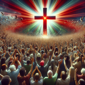 a hige cross encapsulated inside a red heart in the sky.  Show a...