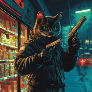 A masked street cat holding two pistols during a tense convenien...