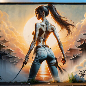 Athletic Thin skinny Attractive, Asian teenage girl, long brown hair and bangs, wearing tight skinny jeans and a halter top paint marks on her clothing, heroic pose Asian graffiti background, backside view