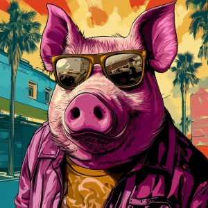 Moonpig, in the style of a Grand Theft Auto loading screen artwo...