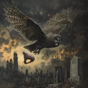 Great Grey Owl in flight over a cemetery at night, its expansive...