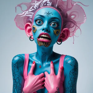 A woman with large eyes and broad pink arms is holding her chest...