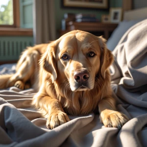 A golden retriever lounging on a soft blanket in a sunlit room