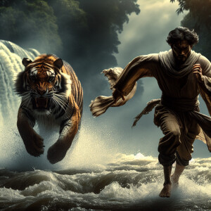 Poor man running from tiger and have to swim across river