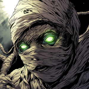 Create an illustration of an mummy woman with glowing green eyes...