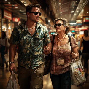 Photorealism,fantasy,a man(beefy muscular criminal)walking(shopp...