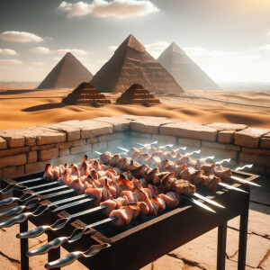 Мангал для шашлыков стоит в Египте на фоне Египетских пирамид