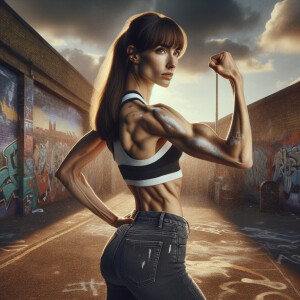 Athletic Thin skinny Attractive, Asian teenage girl, long brown hair and bangs, wearing tight skinny jeans and a halter top paint marks on her clothing, heroic pose Asian graffiti background, backside view