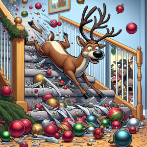 A clumsy reindeer sliding down a bannister, crashing through dec...