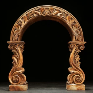 A wooden archway, centered in the image. The arch is carved with beautiful scroll pattern out of several different shades of wood colors. The floor shows natural stone.   The archway has a smooth, semi-circular shape and is also adorned with beautiful carvings.  The wood has a rich, dark brown color with lighter, streaky highlights.  The interior of the archway is completely black. The archway sits atop a natural stone base.  The framing of the archway, with its pillars and base, provides a sense of depth and structure. The background is a plain,black.The overall style is rustic, minimalist, and natural, evoking a sense of warmth and organic beauty. The lighting is even, casting no distinct shadows within the image, which enhances the focus on the wood texture and its details. The perspective is straight-on, looking directly at the archway.