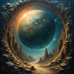 A mysterious, baroque artificial planet in the still of the cosm...