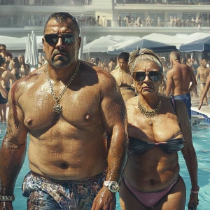 Photo hyperrealistic ,a muscular beefy criminal man walking with...