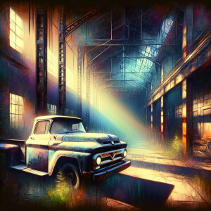Abandoned factory, shadows enveloping its structure, an old pick...